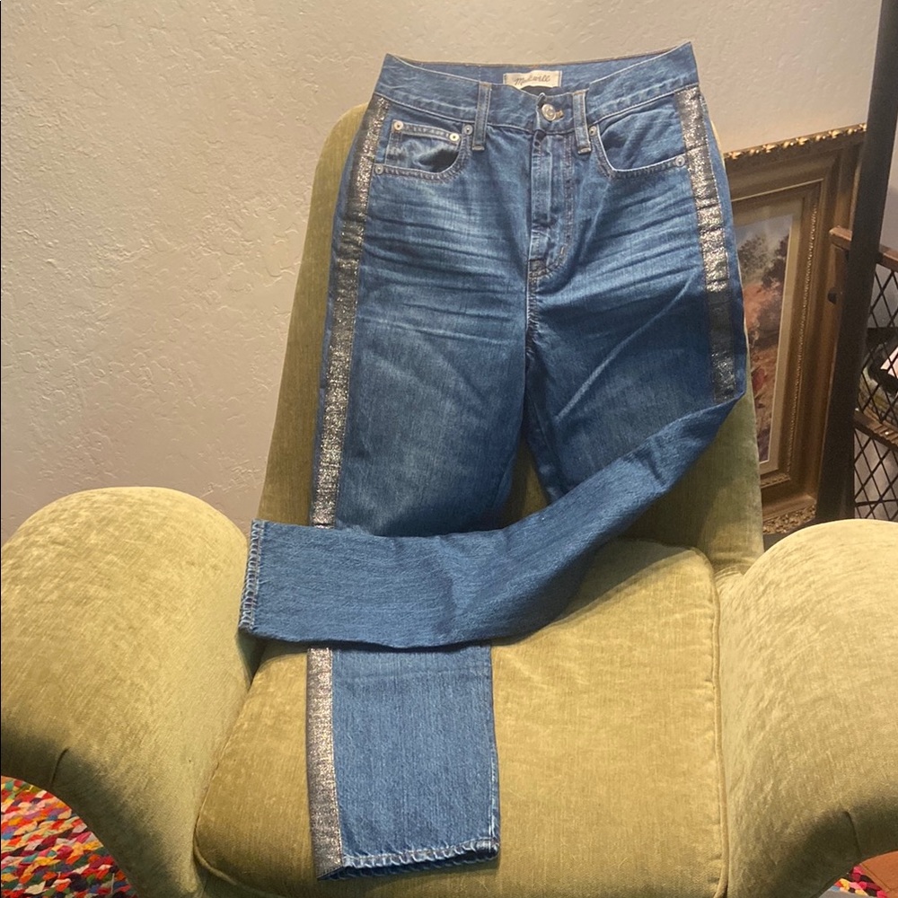 Madewell dark wash jeans with black shimmery pinstripe
